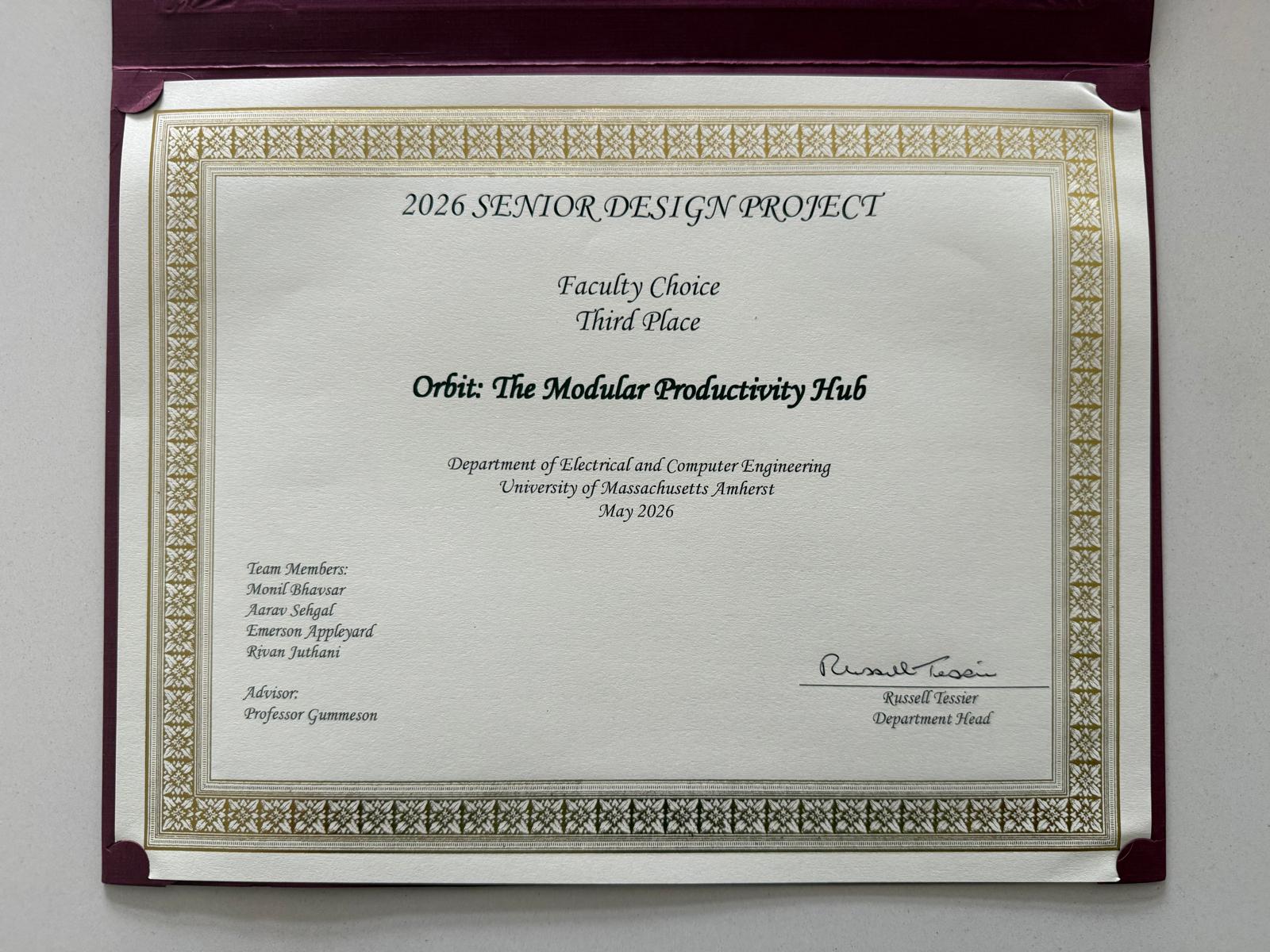 Faculty Choice — Third Place award, Orbit Senior Design Project.